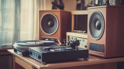 Vintage Audio Bliss: Vinyl Spinning on Classic Turntable and Speakers