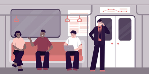 Group of multiethnic people in subway train. Inside metro carriage. Underground car. Various passengers use public municipal transport, MRT. Railway, metropolitan railroad