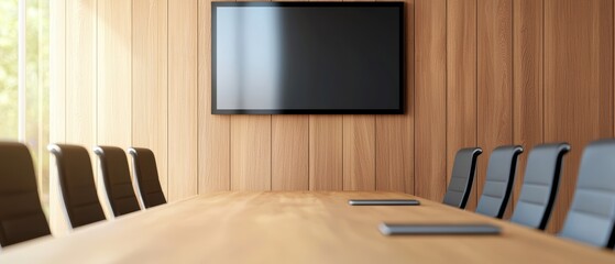 A boardroom with a large table, chairs neatly arranged, and a digital screen displaying a presentation