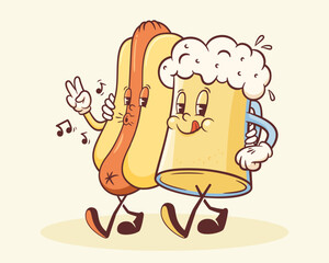 Groovy Hotdog and Beer Mug Retro Character Illustration. Cartoon Sausage, Bun and Drink Glass Walking Smiling Vector Food Mascot Template. Happy Vintage Cool Fast Food Rubberhose Style Drawing