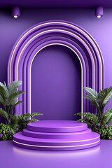 Modern purple backdrop featuring a stylish arch and plants, perfect for events or creative presentations.