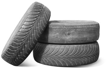 old worn damaged tires isolated on white background