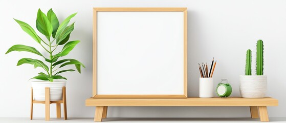 Minimalist interior with a blank frame, greenery, and stylish accessories on a wooden shelf, perfect for modern decor inspiration.