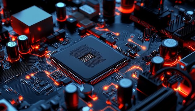 A close-up of an intricate motherboard with processors, capacitors, and circuits