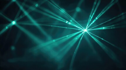 Vibrant teal light rays and particles create a mesmerizing abstract background, perfect for technology and design projects.