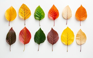 A collection of colorful autumn leaves arranged neatly on a white background