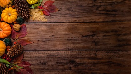 A festive Thanksgiving arrangement with a rustic wooden background, featuring fall foliage, red and orange leaves, pine cones, acorns, small pumpkins, and dried orange slices.