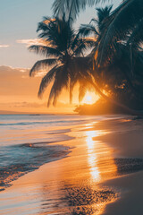 Obraz premium Sunset landscape with palm trees and tropical plants and ocean and mountain views