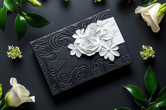 Elegant black box adorned with intricate floral details, perfect for gifts or special occasions. A stylish addition to any decor.