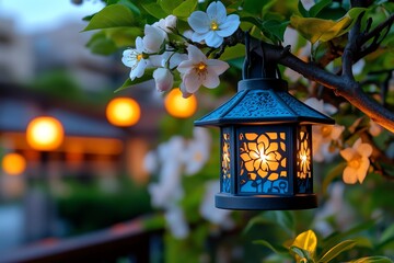 Blossoms, evening light, glowing softly create a warm and inviting atmosphere as day turns to night