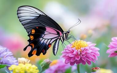 Naklejka premium A detailed close-up of a butterfly landing on a flower in a vibrant garden