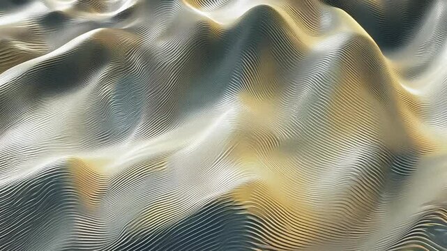 Abstract wave background with liquid metal, shimmering texture effect, silver and gold colour rendered in 3d