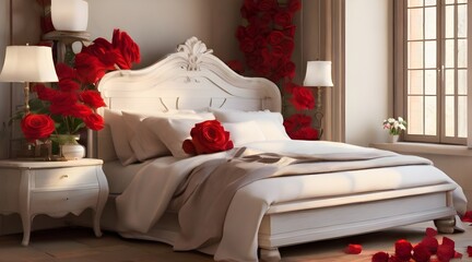 A bedroom decorated with flowers and rose petals