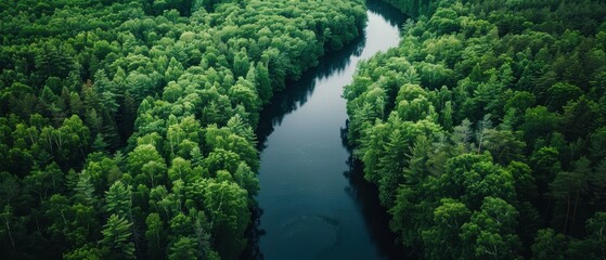 Fototapeta premium Verdant Canopy: Aerial View of Lush Forest and Meandering River