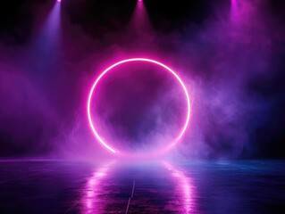 Obraz premium Vibrant neon circle surrounded by mist, illuminated by colorful lighting in a dark space, perfect for creative backgrounds.