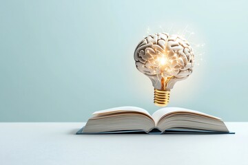 A creative concept showcasing an open book with a glowing brain and lightbulb, symbolizing knowledge and innovation.