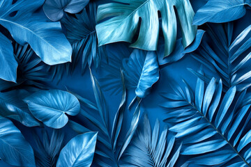 Blue tropical leaves and foliage on blue background.