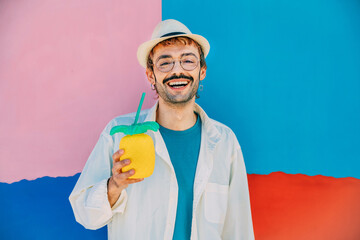 Joyful man with colorful drink against vibrant backdrop