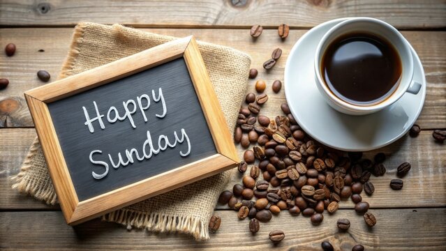 Happy Sunday coffee setup with beans and message board, great for weekend relaxation and coffee culture concepts
