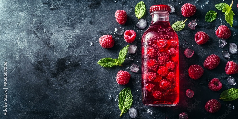 Wall mural Raspberry juice bottle with ice and mint leaves.