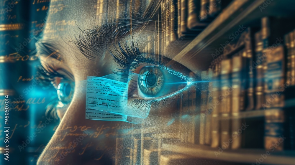 Poster a close-up view of a human eye, reflecting digital data and information in a futuristic library sett