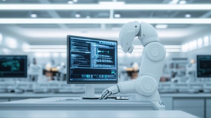 A futuristic engineering lab where sustainability is at the core, with engineers developing eco-prototypes using AI-enhanced tools and green technologies