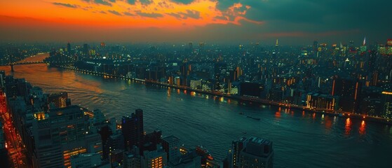 Fototapeta premium Nighttime Cityscape in High Definition - Stunning Aerial View of Metropolis Illuminated in