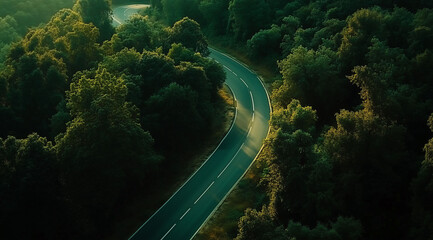 Golden Hour Over Winding Country Road Amidst Rolling Hills
