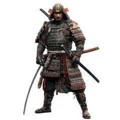 Obraz premium A stoic Samurai warrior, clad in intricate armor, stands ready with his katana, his gaze unwavering. The background is a muted blue, creating an atmosphere of calm determination.