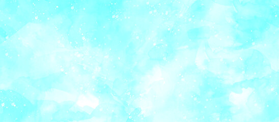 Beautiful sky blue watercolor background with bokeh lights and space for text, Grunge aquarelle painted soft  ocean blue paper textured canvas, light blue  snowfall watercolor abstract background.