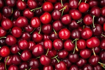 A top view of fresh cherries, a pile full of juicy red cherries, a background filled with vibrant and bright cherry fruits
