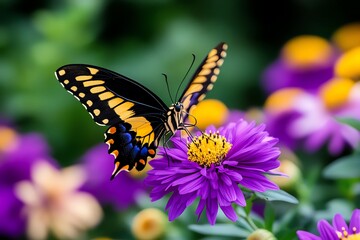 Obraz premium Butterflies on asters, late-season blooms, gentle landings bring a touch of life to autumn gardens