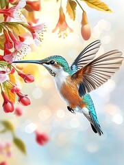 Obraz premium A vibrant hummingbird feeding on bright flowers, showcasing its stunning colors and delicate wings in a dreamy, soft-focus background.