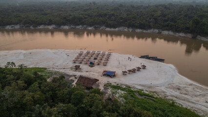 Amazonian white sand beaches that appear in the dry season of the rivers, the Nanay River has natural white sand beaches, visitors and tourists visit beaches in the Amazon rainforest of Peru