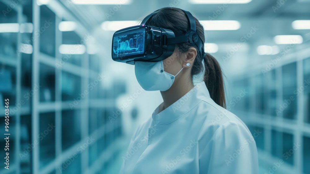Poster engineer in a futuristic lab, designing sustainable prototypes using holographic interfaces and adva