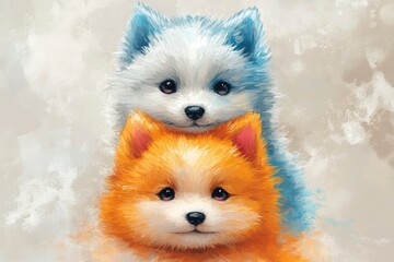 Obraz premium A Blue and Orange Puppy Stacked on Top of Each Other