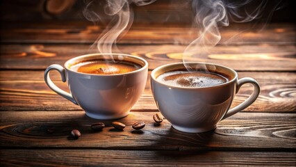 Fototapeta premium Two steaming cups of hot coffee on a rustic wooden table, perfect for a cozy autumn morning.