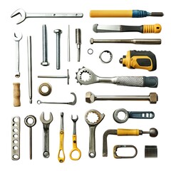 Fototapeta premium A Symphony of Tools: A curated collection of essential tools, meticulously arranged against a pristine white backdrop.