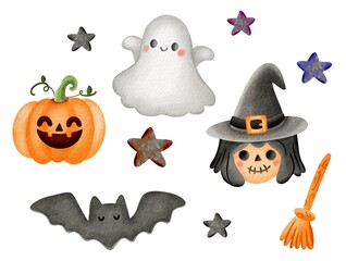 Watercolor Halloween set of pumpkin, witch, bat and ghost