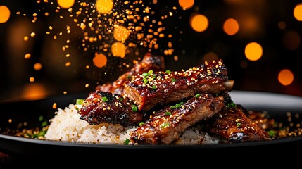 A plate of Chinese BBQ spare ribs, glazed and sticky, served with a side of steamed rice and garnished with sesame seeds