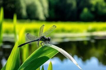 Fototapeta premium Dragonflies and cattails, hovering near water, peaceful moments capture the tranquility of wetlands