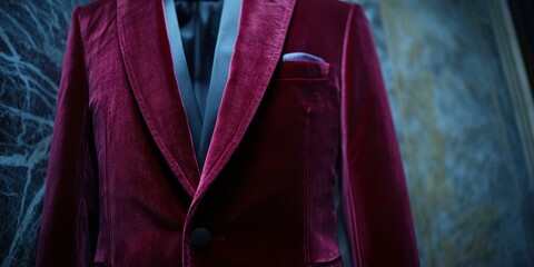 Red velvet suit jacket with a black button.
