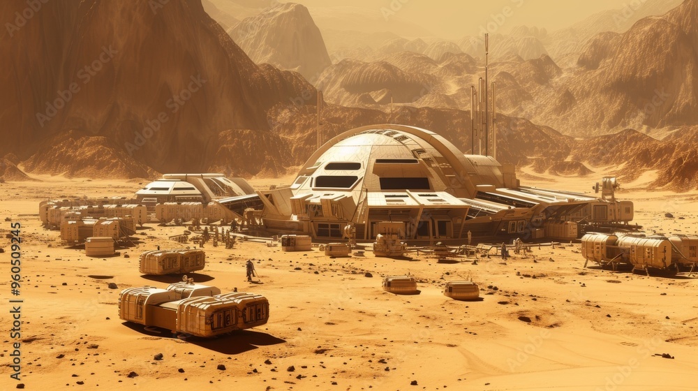 Poster a detailed 3d rendering of a mars colony base featuring futuristic architecture. the colony is set i