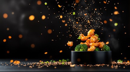 A plate of crispy honey shrimp with sesame seeds, served on a bed of steamed broccoli, garnished with green onions