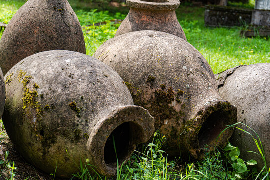 Ancient qvevri vessels in the ruins of Ikalto Academy, Georgia
