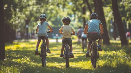 Obraz premium Children Cycling in the Sunlit Park