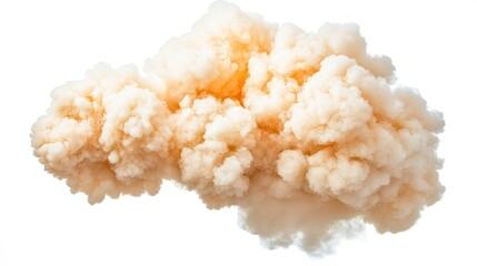 Dynamic explosion cloud bursting with fiery hues against a stark white background, capturing a moment of intense energy and motion