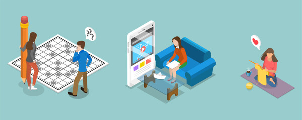 3D Isometric Flat Vector Illustration of Stay at Home Games, Learning and Leisure