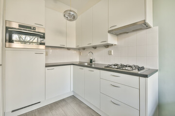 Modern kitchen interior with sleek white cabinets