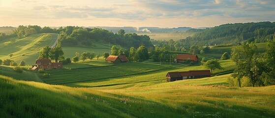 Obraz premium Peaceful Aerial Landscape of Rural Countryside with Picturesque Farms and Fields